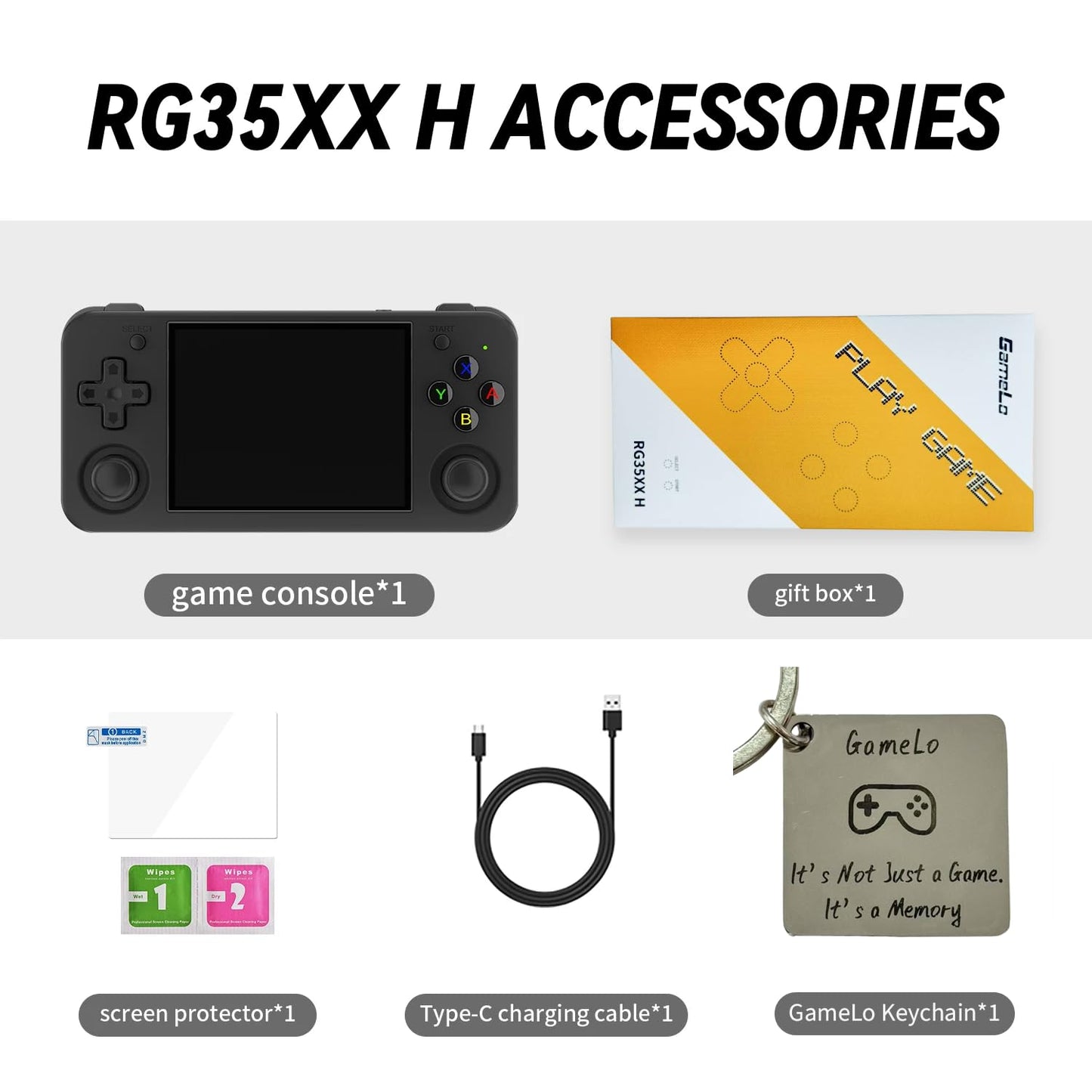 Anbernic RG35XX H gaming console with included accessories