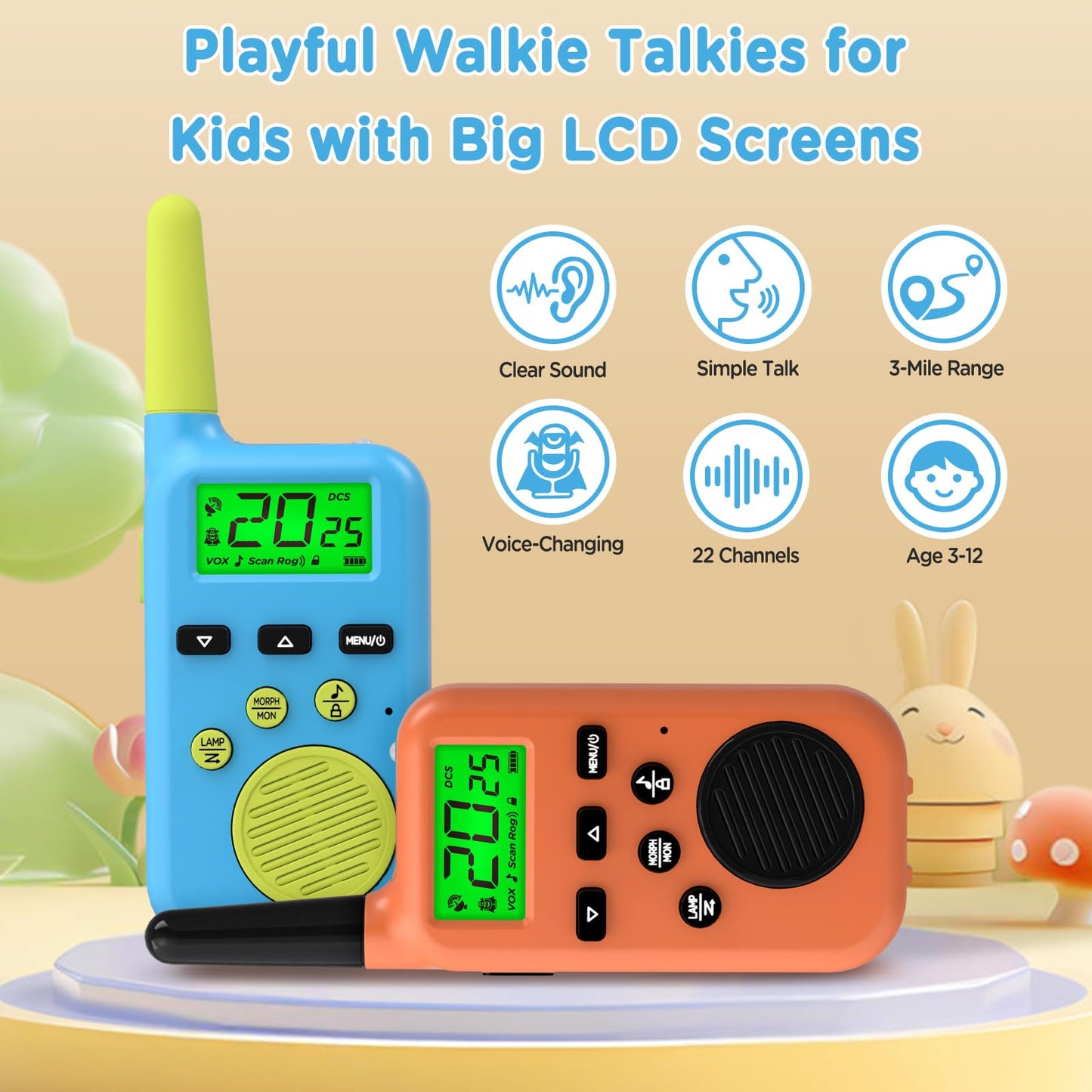 Peakeep premium imported toy walkie talkies authentic retail packaging box view with two tone blue and orange devices