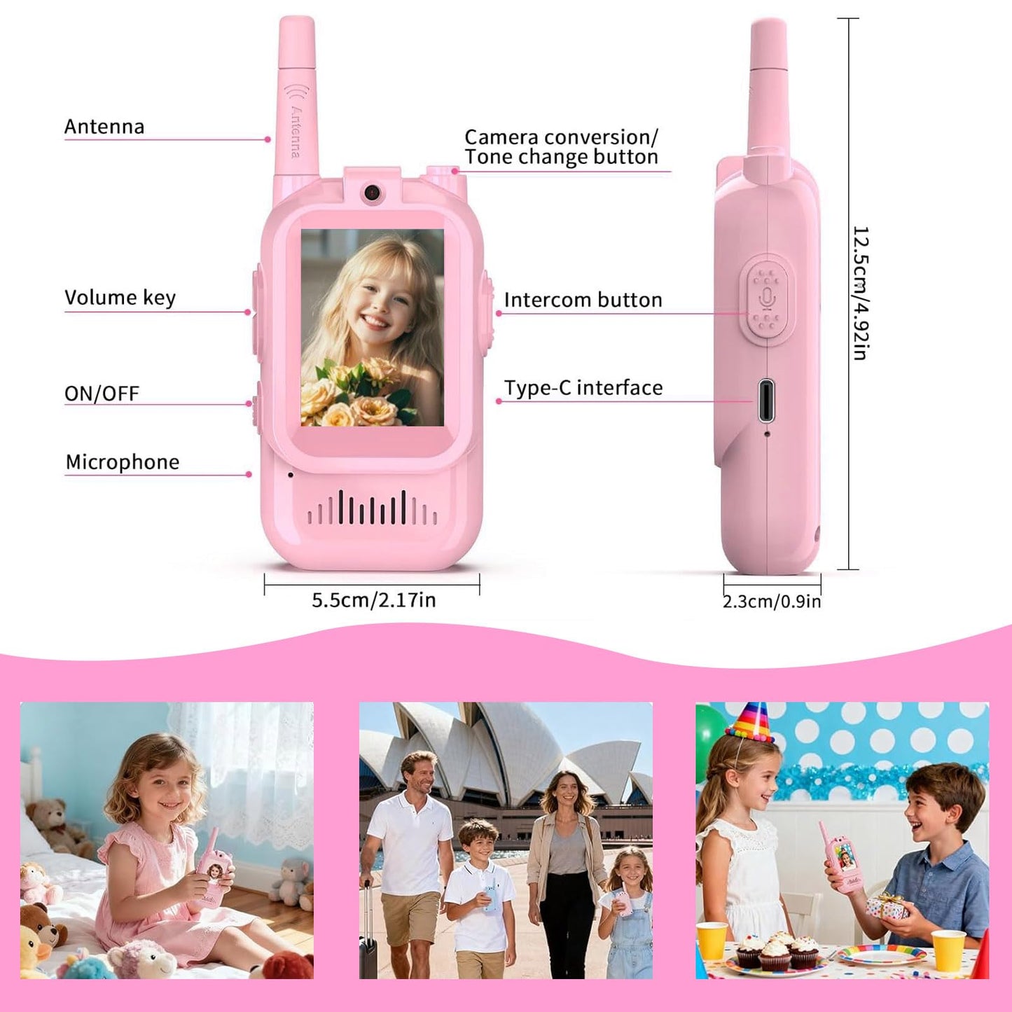 Rechargeable kids video transceiver set showing included accessories and charging cables