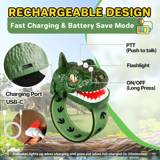 Cxjoigxi rechargeable wrist walkie talkies showing the built-in LED flashlight and adjustable strap.