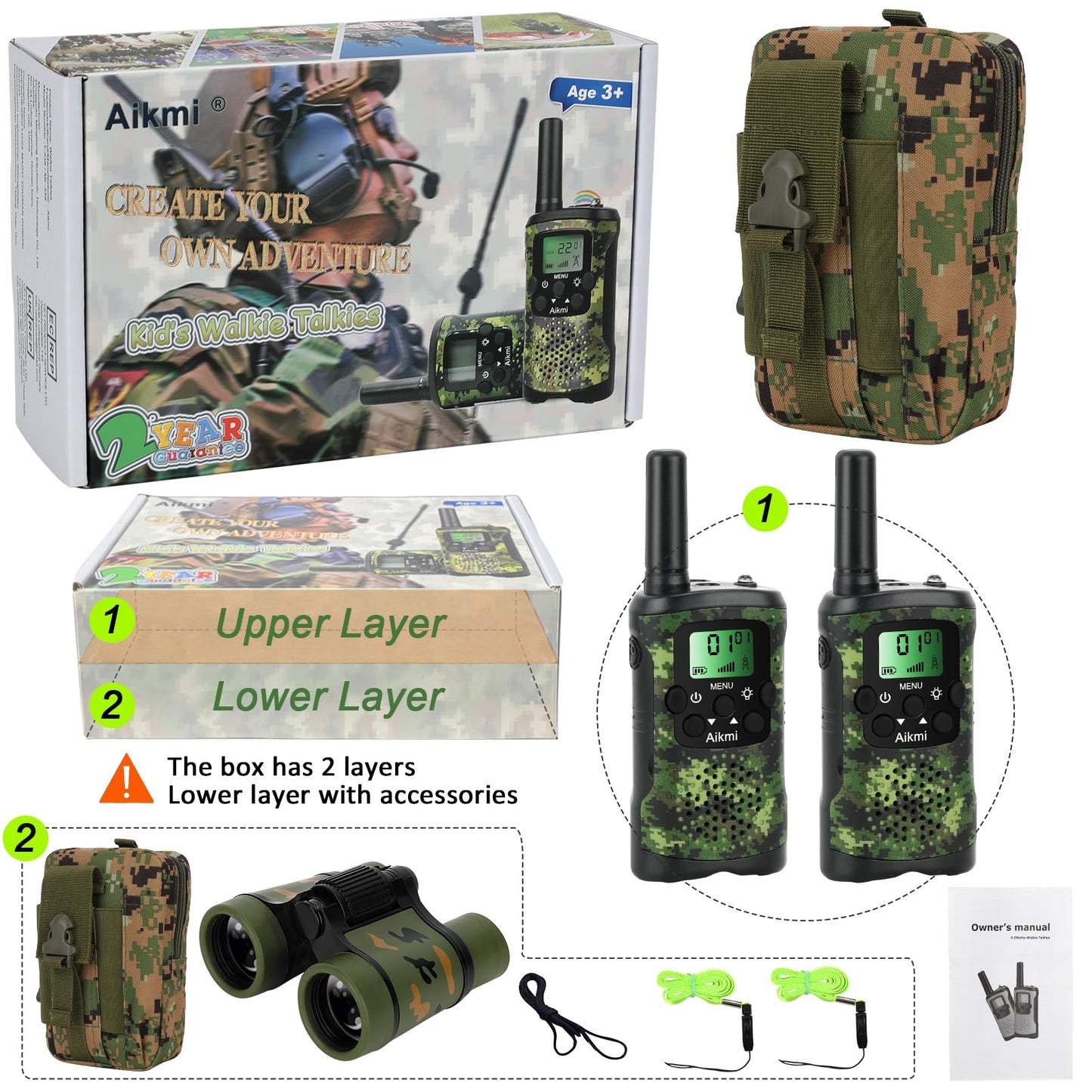 Aikmi long range kids walkie talkies packaging box and contents
