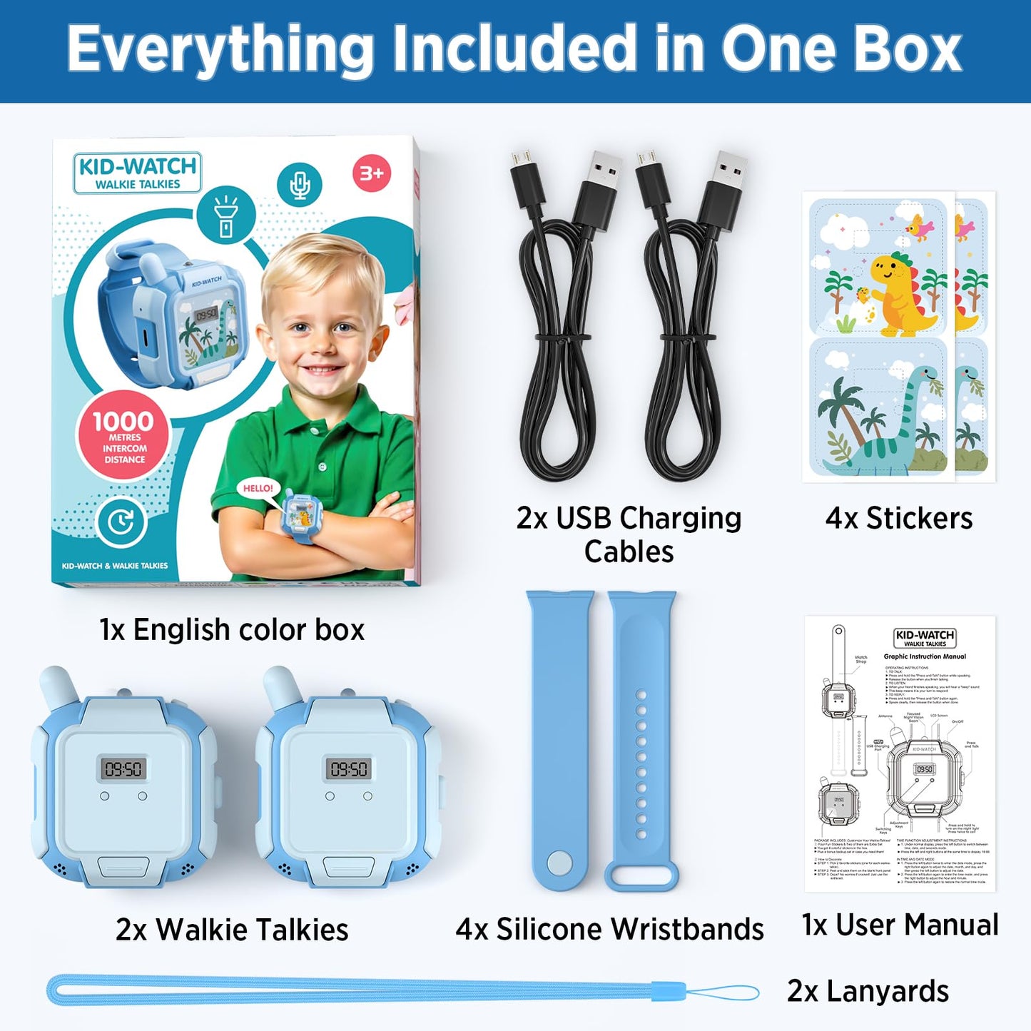 Complete packaging box of the Turoytip authentic USA imported wearable walkie talkie set for boys and girls.