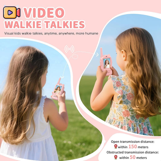 Two pack of children's digital walkie talkies with cameras highlighting the ergonomic shockproof design.