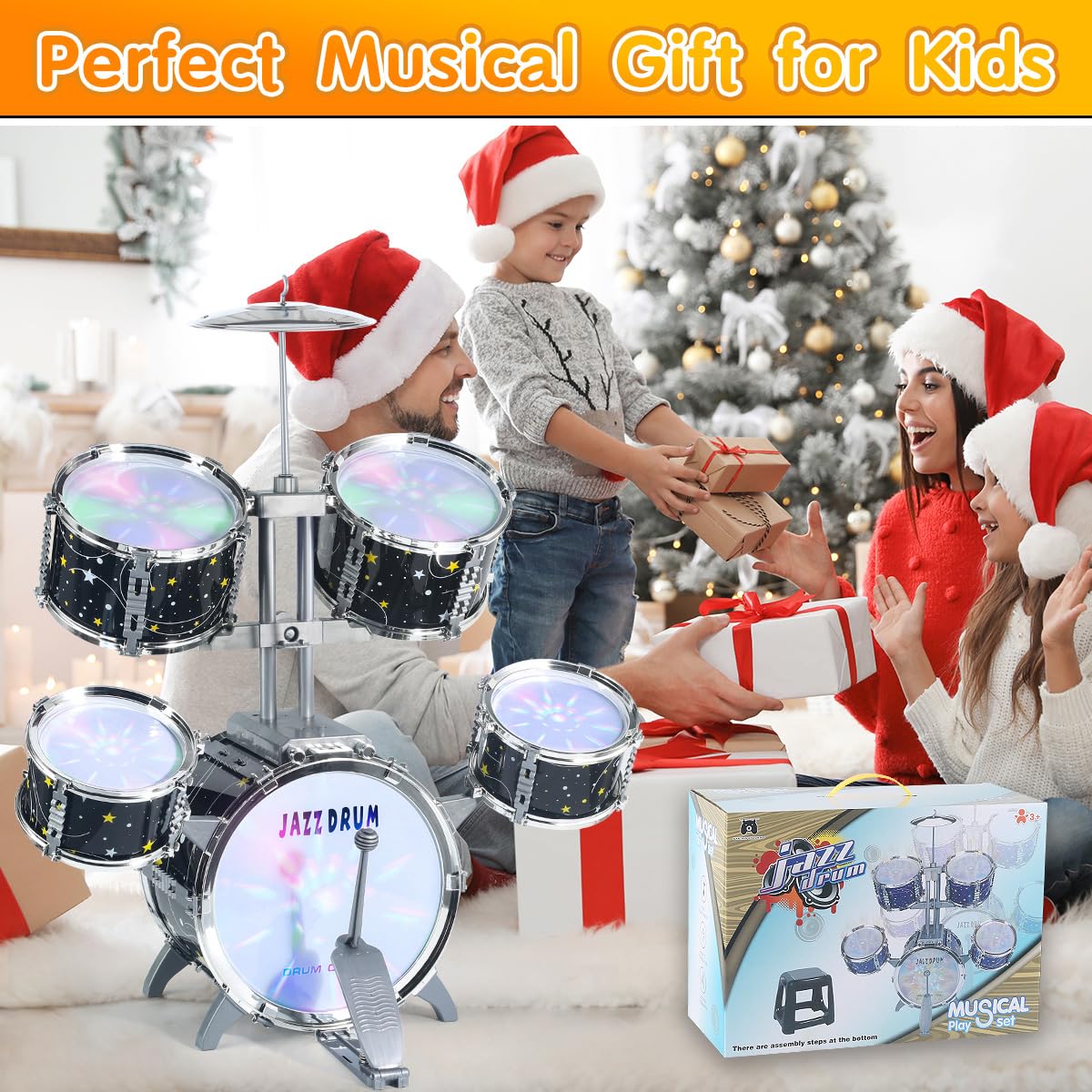 Authentic imported kids jazz drum kit setup showing the stable stool and foam covered safety drumsticks.
