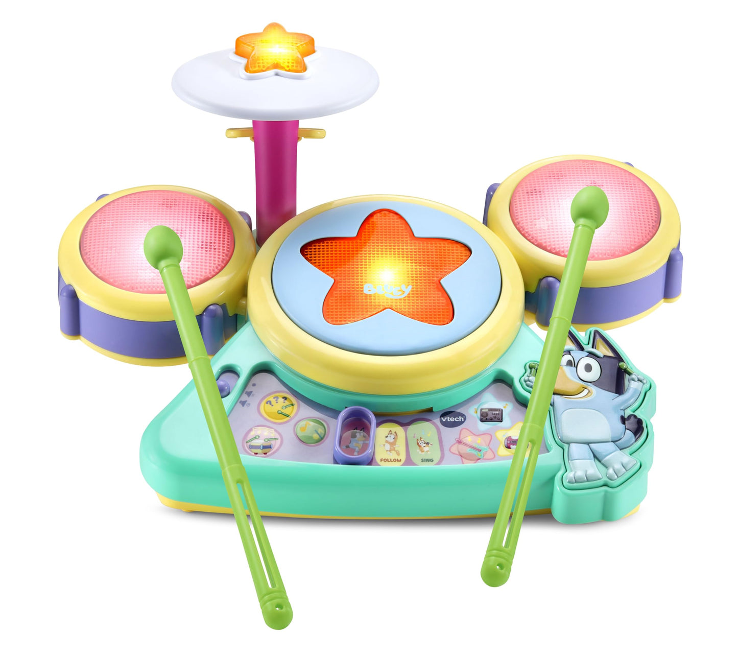 Underneath side profile of the VTech Bluey drum set highlighting the battery compartment