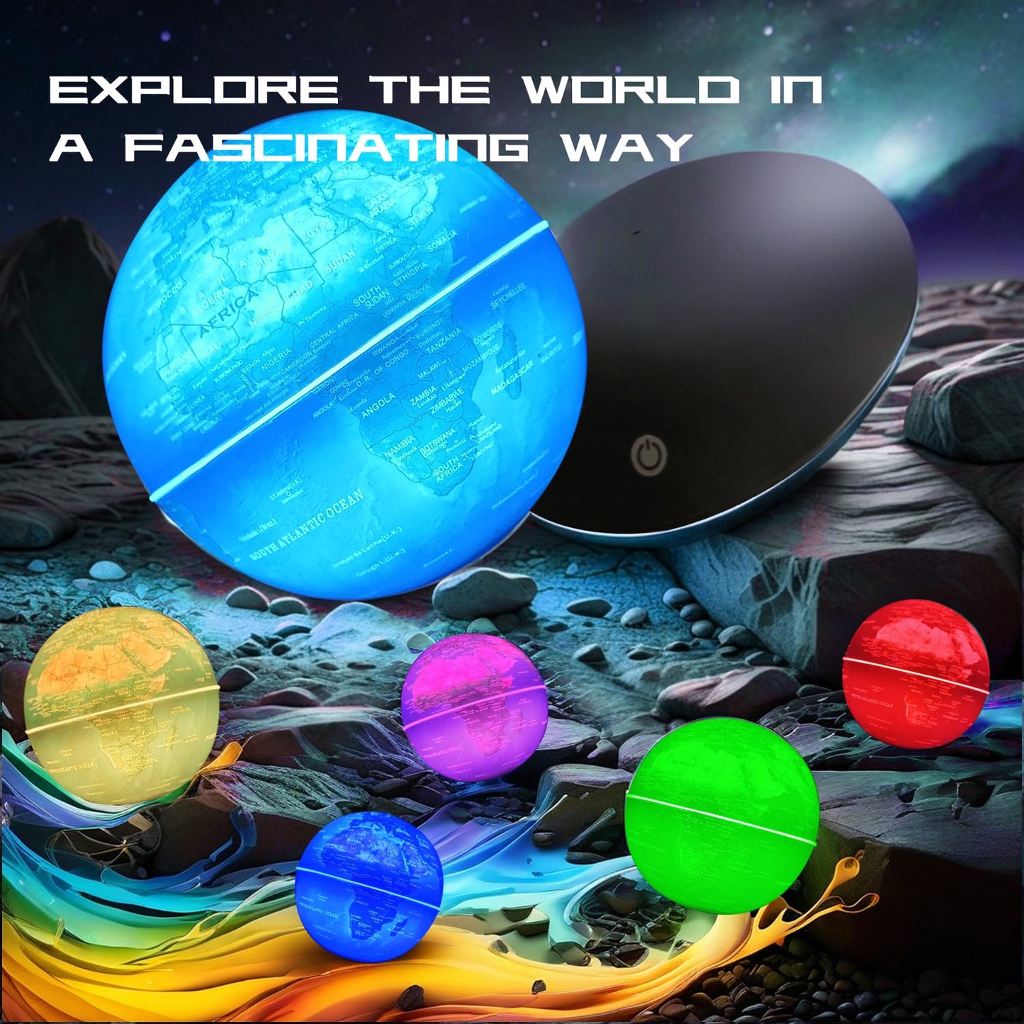 Lifestyle display of the authentic USA imported Poojaed rotating world globe lamp functioning as a stylish nightlight in a home living room.