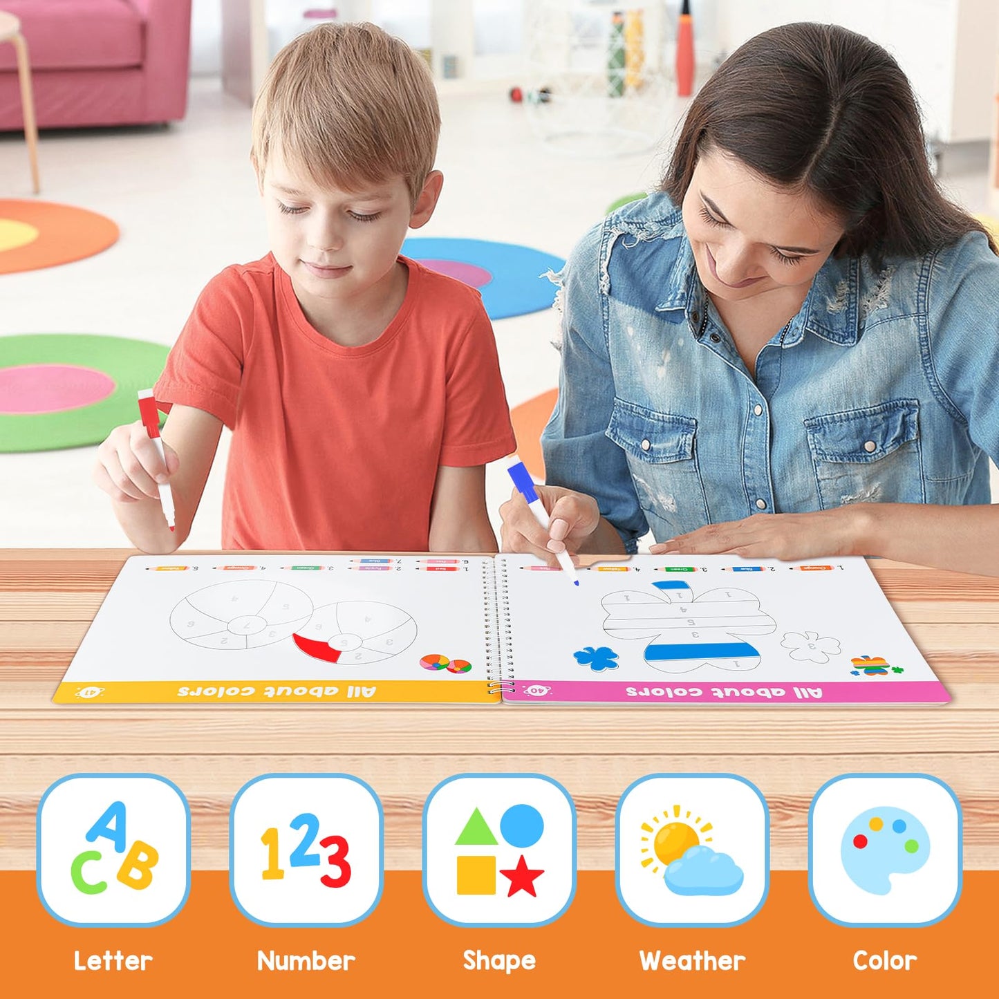 Auchq kindergarten learning materials layout displaying multiple themed dry erase tracing booklets.