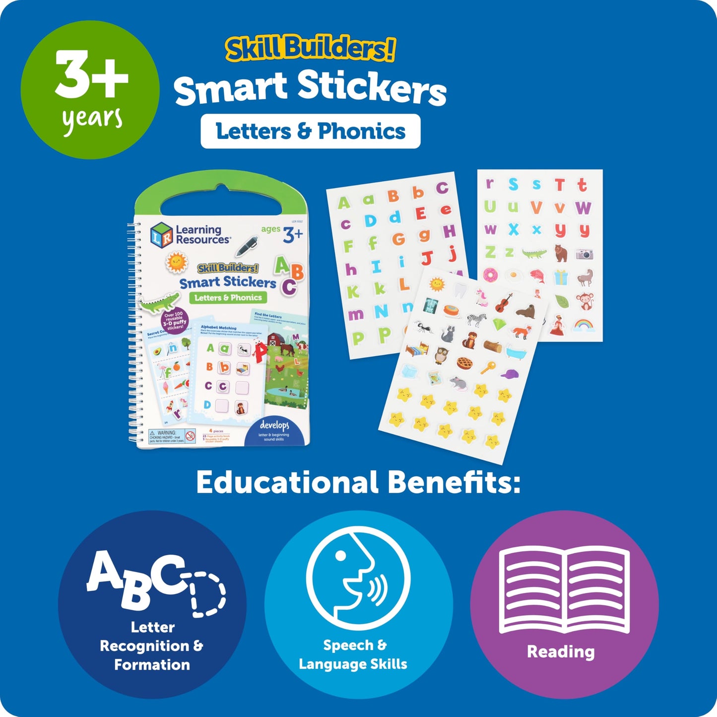 Back packaging view of the authentic USA imported Learning Resources Smart Stickers educational activity kit.