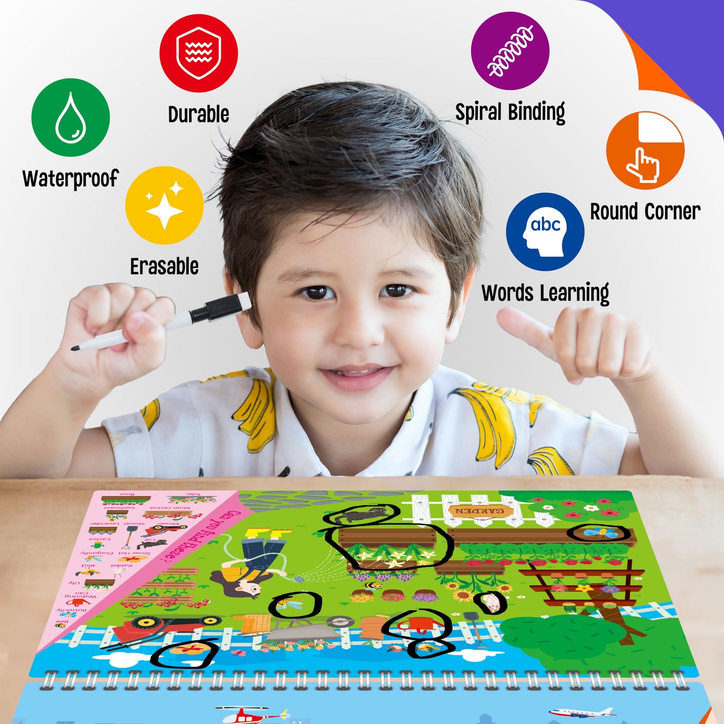 SpriteGru reusable busy book highlighting the write and erase feature with markers.