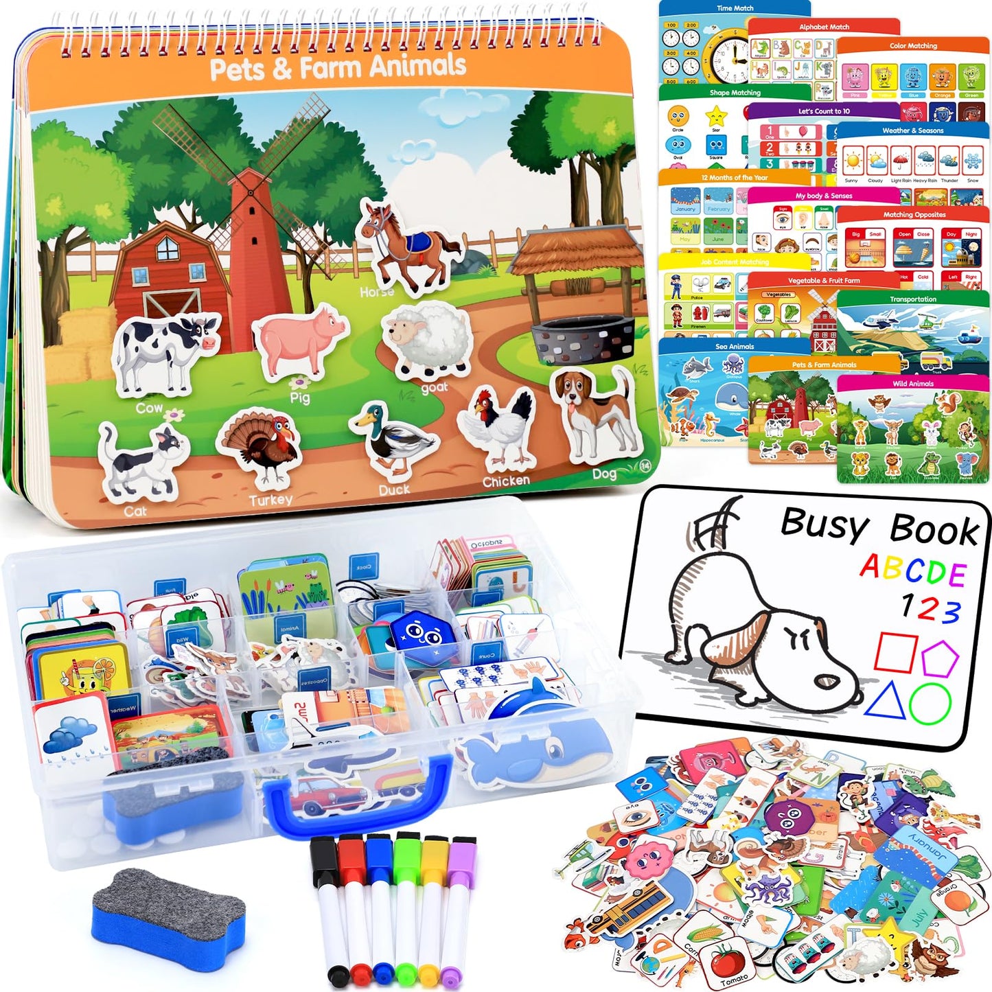 The complete forty page handwriting workbook set displayed with all included colourful dry erase markers and erasing tools.