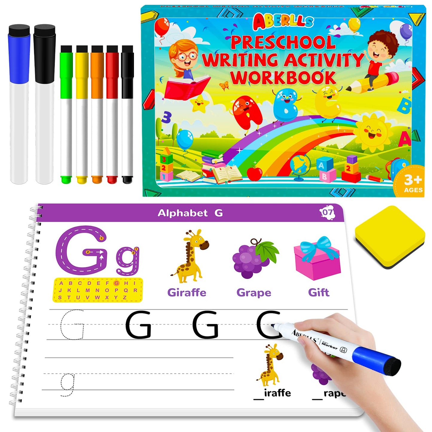 ABERLLS fine motor skills development workbook being wiped clean with felt eraser