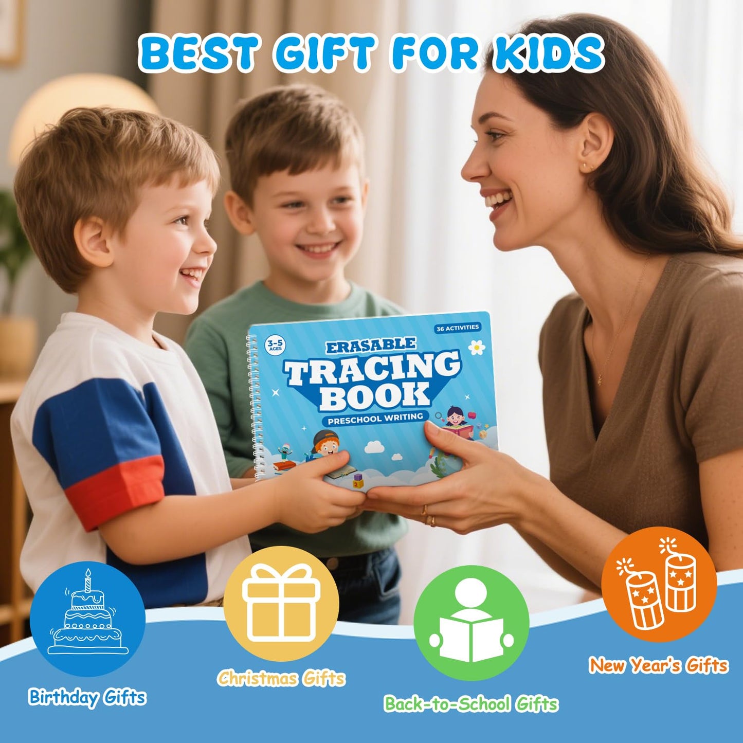 An overhead view of the large 8x11 inch reusable learning workbook showing preschool matching games.