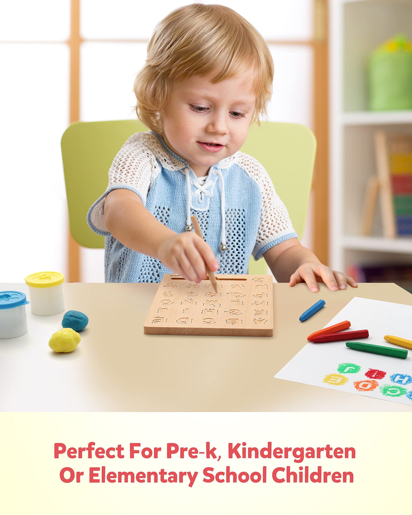 Coogam Montessori handwriting aid toy for toddlers demonstrating capital and small letter sides
