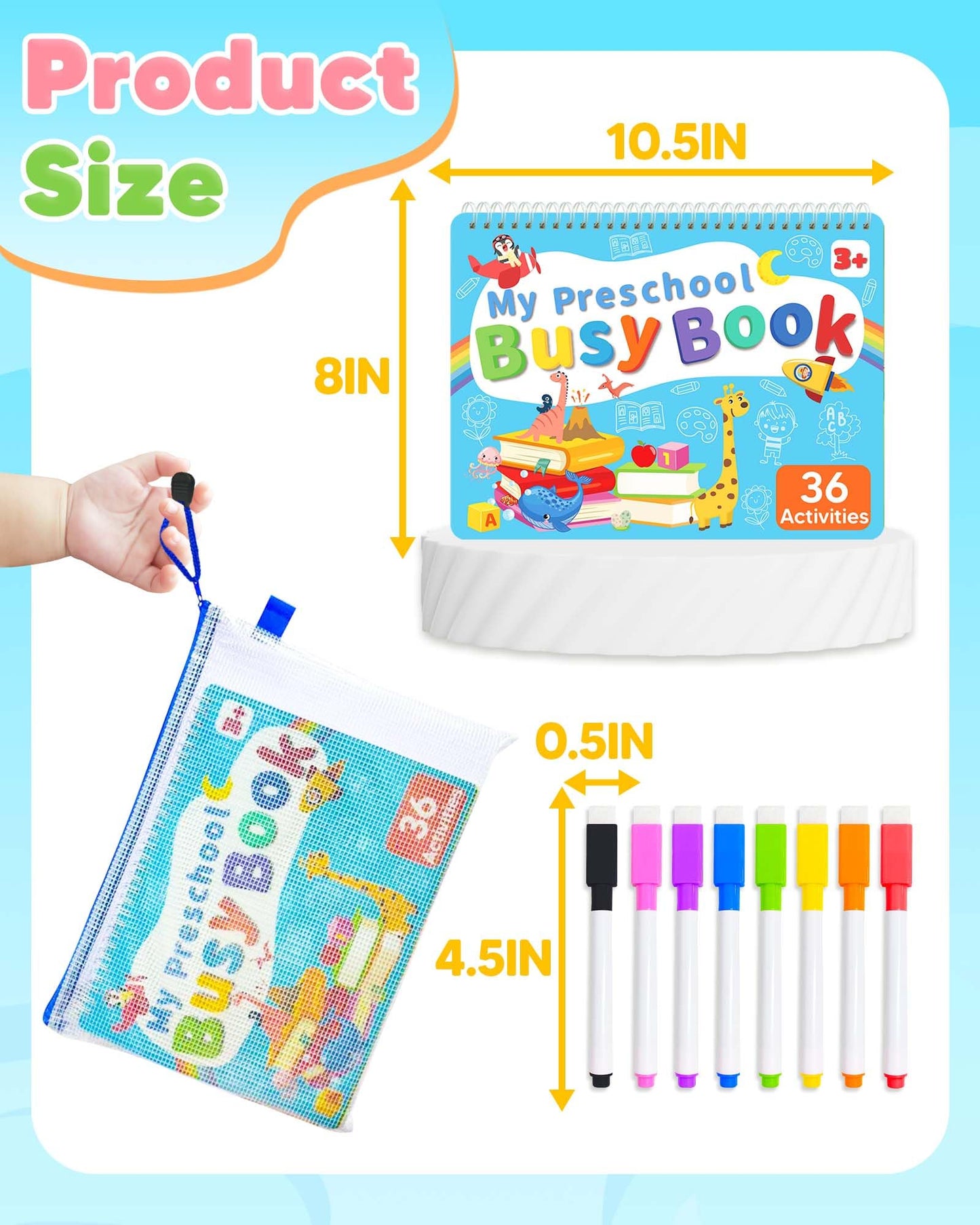 Instructional view demonstrating hook and loop velcro application on the preschool learning book.