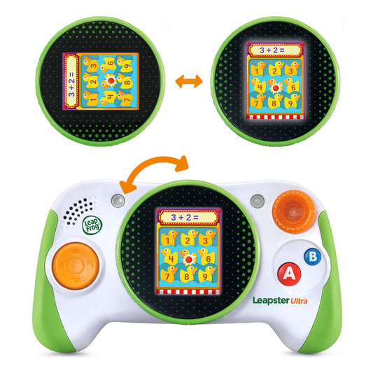 LeapFrog educational gaming device showcasing the built-in screen displaying the interactive learning menu.
