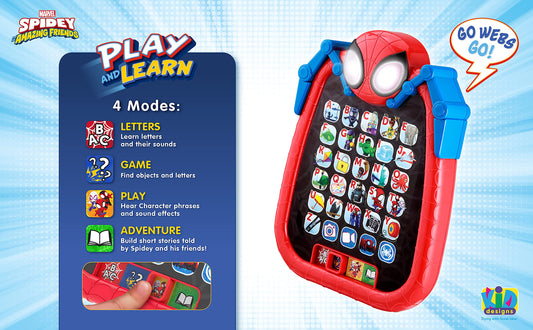 Authentic eKids Spider-man toddler toy tablet highlighting the four interactive learning modes