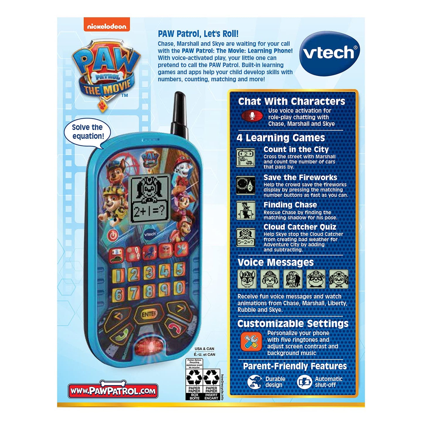 USA imported Vtech toddler smart phone packaging back view with specifications.