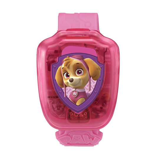 Vtech children smart device displaying digital clock face with Skye cover open