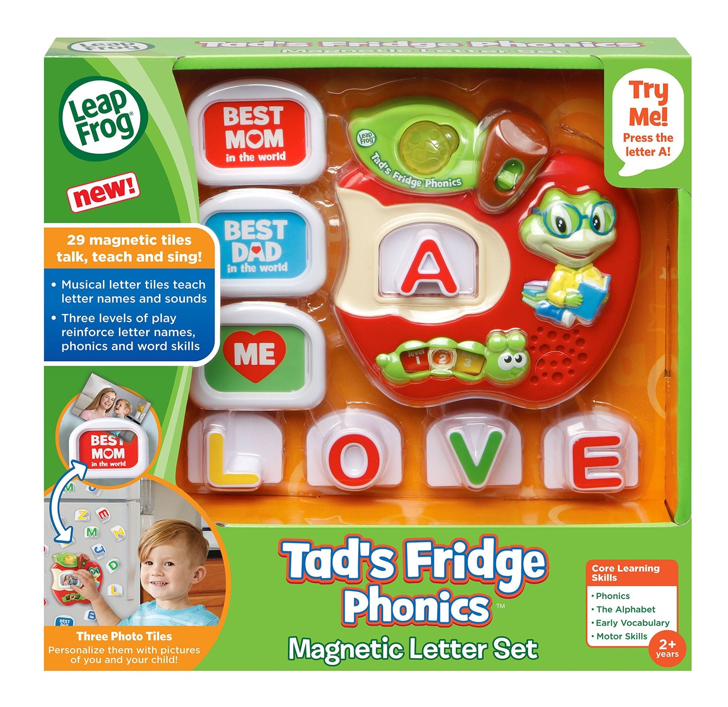 The complete LeapFrog Tad's Fridge Phonics product packaging containing twenty-six letters and three picture frames.