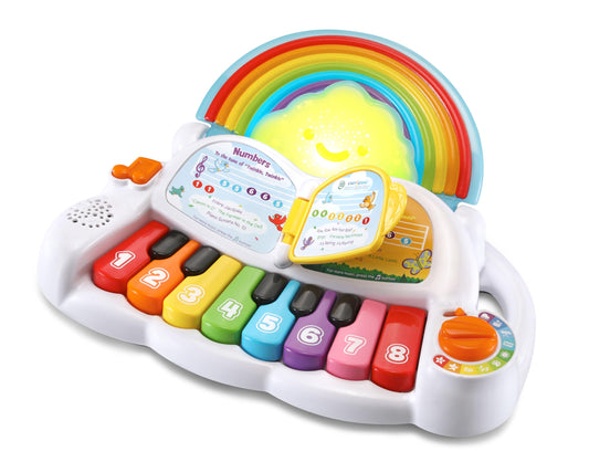 LeapFrog interactive toddler piano showcasing the attached four-page sheet music book details.