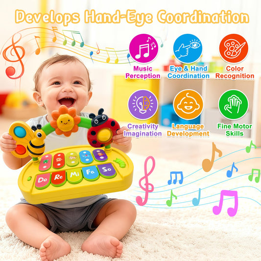Infant educational learning keyboard with illuminated musical keys and butterfly push bubbles