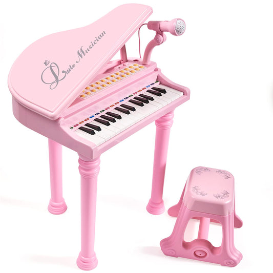 Close up view of the Conomus toddler piano keys highlighting the colorful learning labels and control buttons.