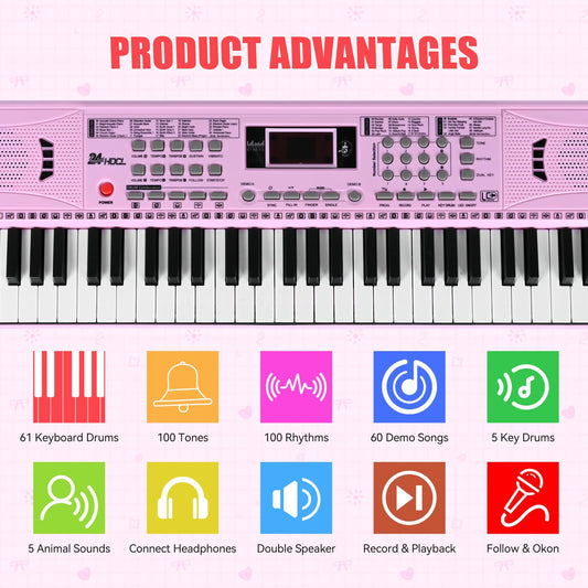 Pink beginner electronic music keyboard showing the integrated dual speakers and illuminated keys function.