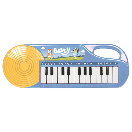 Portable Bluey educational learning keyboard toy highlighting twenty-three individual white and black keys.