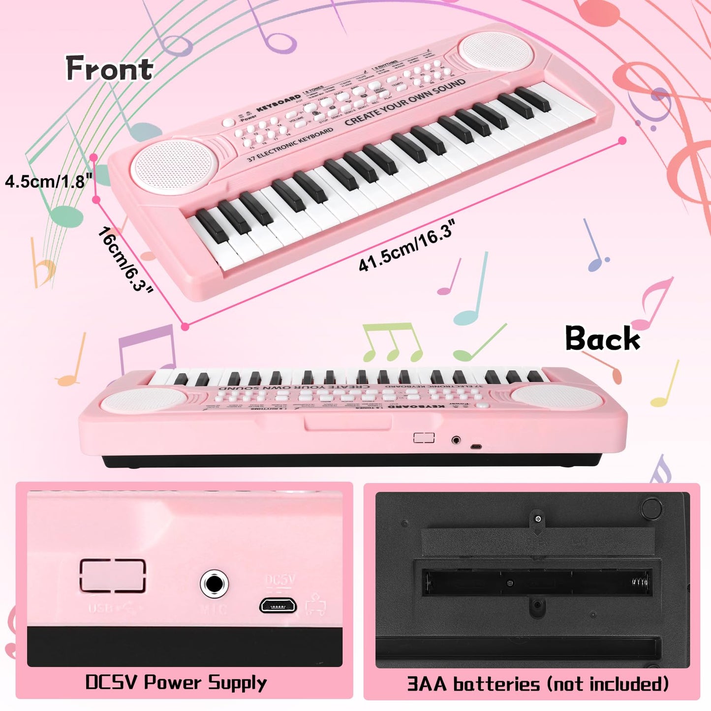 TWFRIC kids pink digital piano toy showing comparison size perfect for young beginner hands