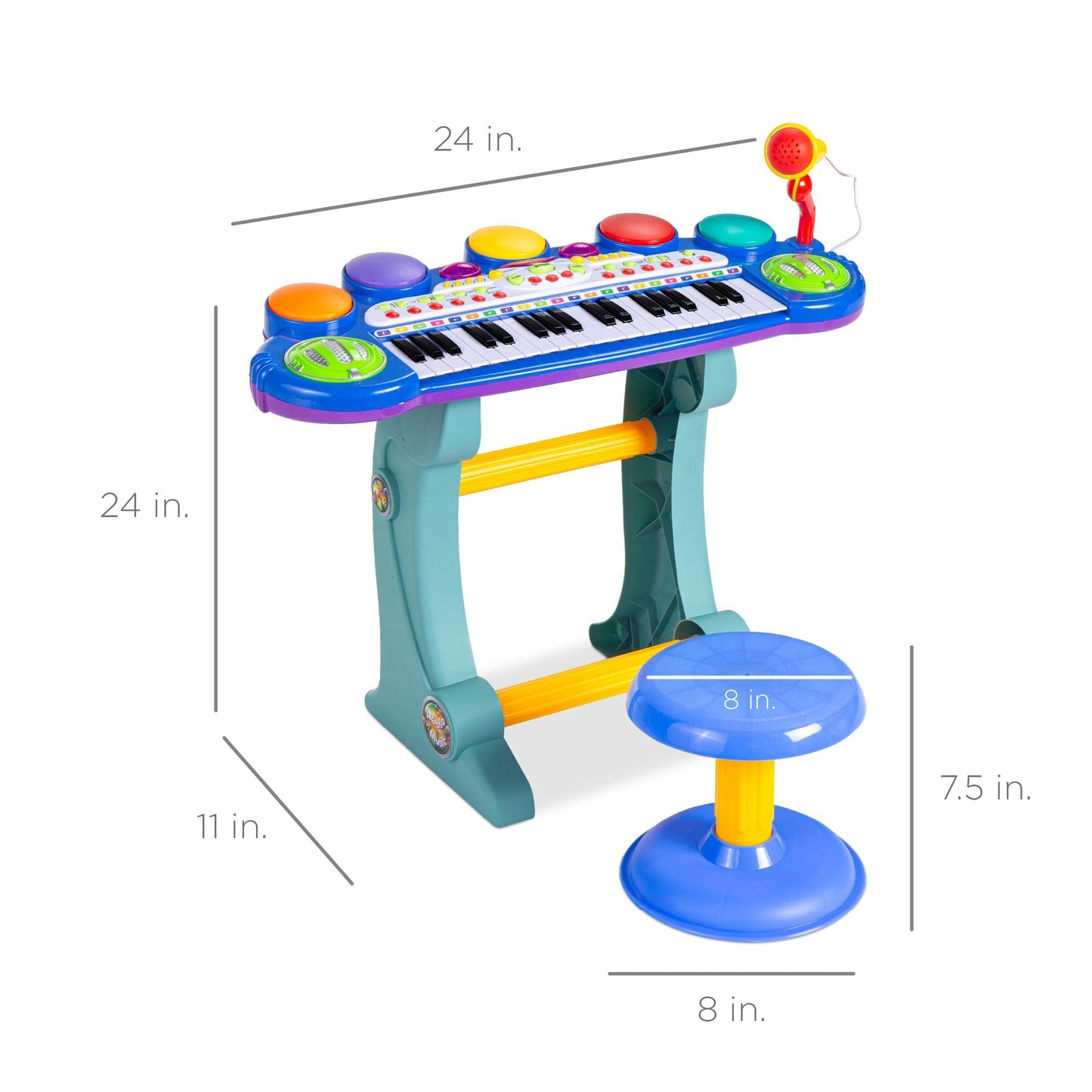 Infographic showing assembly steps for the matching blue stool and microphone stand combination