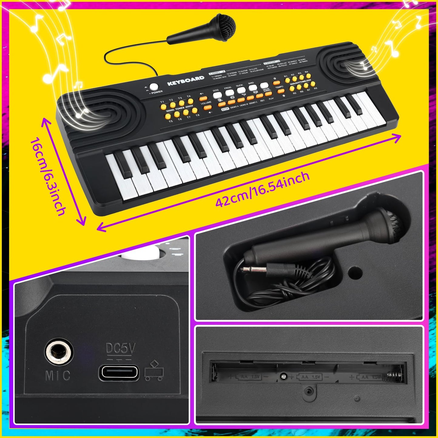 Drmukie electronic piano packaging box highlighting the educational benefits for ages three to five