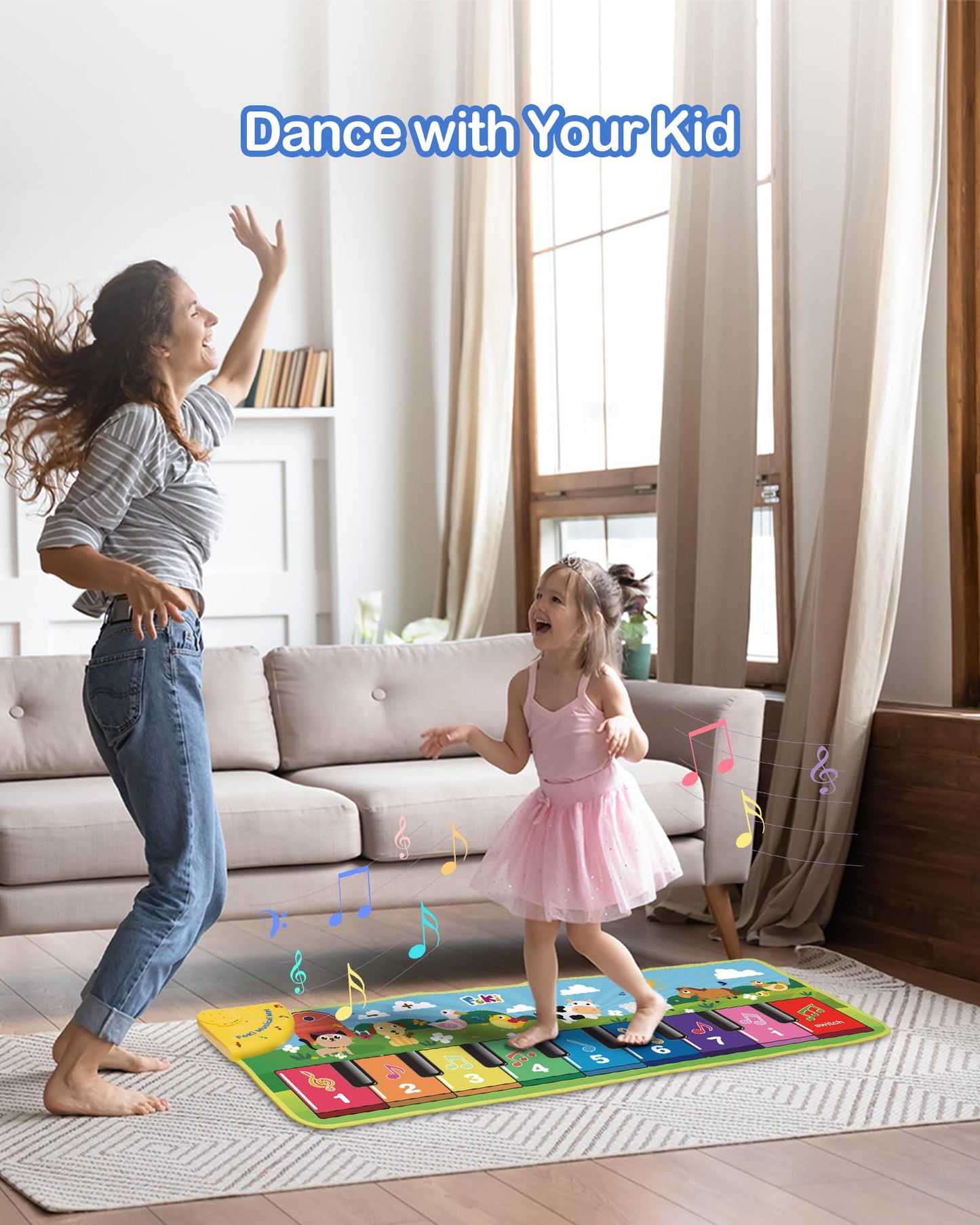 Mother wiping clean the water resistant surface of the Foki toy carpet