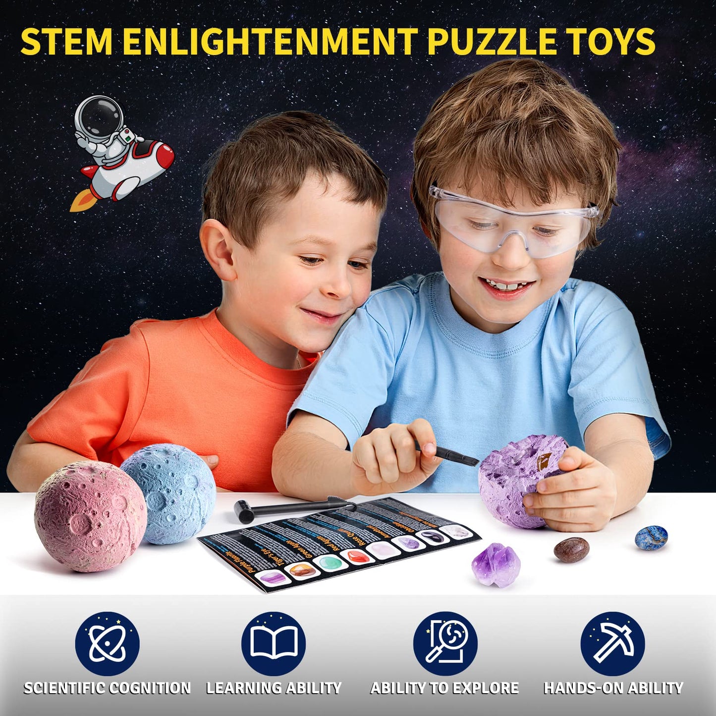 A young boy and girl happily discovering hidden crystals using the GobiDex STEM educational kit.
