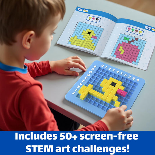 Educational screen-free grid board with vibrant plastic cubes showing a completed pattern.