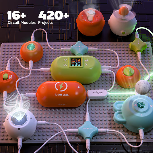 Thirty five orange and blue snap circuit modules arranged neatly inside the STEM educational toy set.