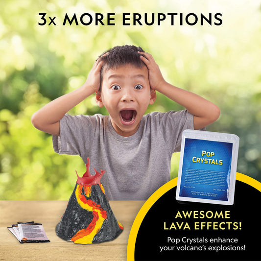 Molded plaster volcano toy erupting with red foam and pop crystals.