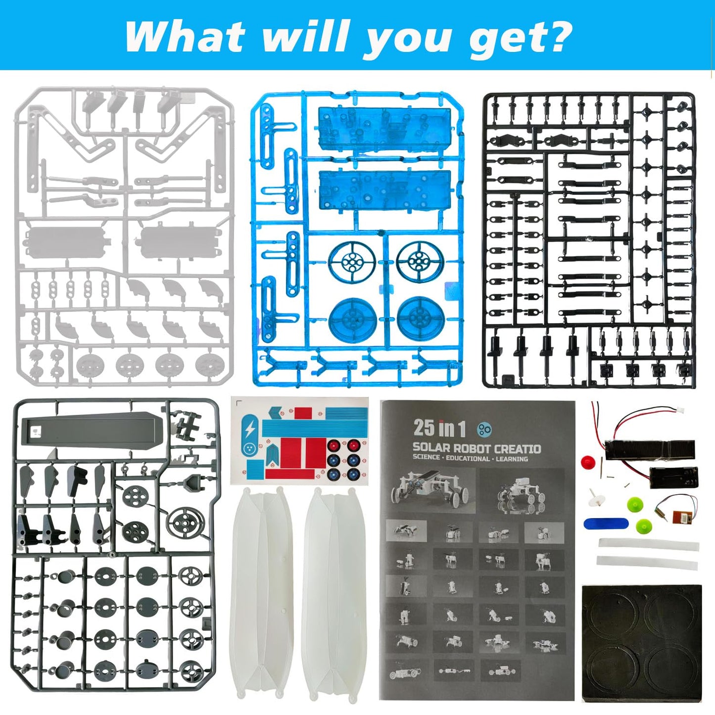 Rear view of the Hechify educational kit package highlighting the twenty-five different robot configuration styles.