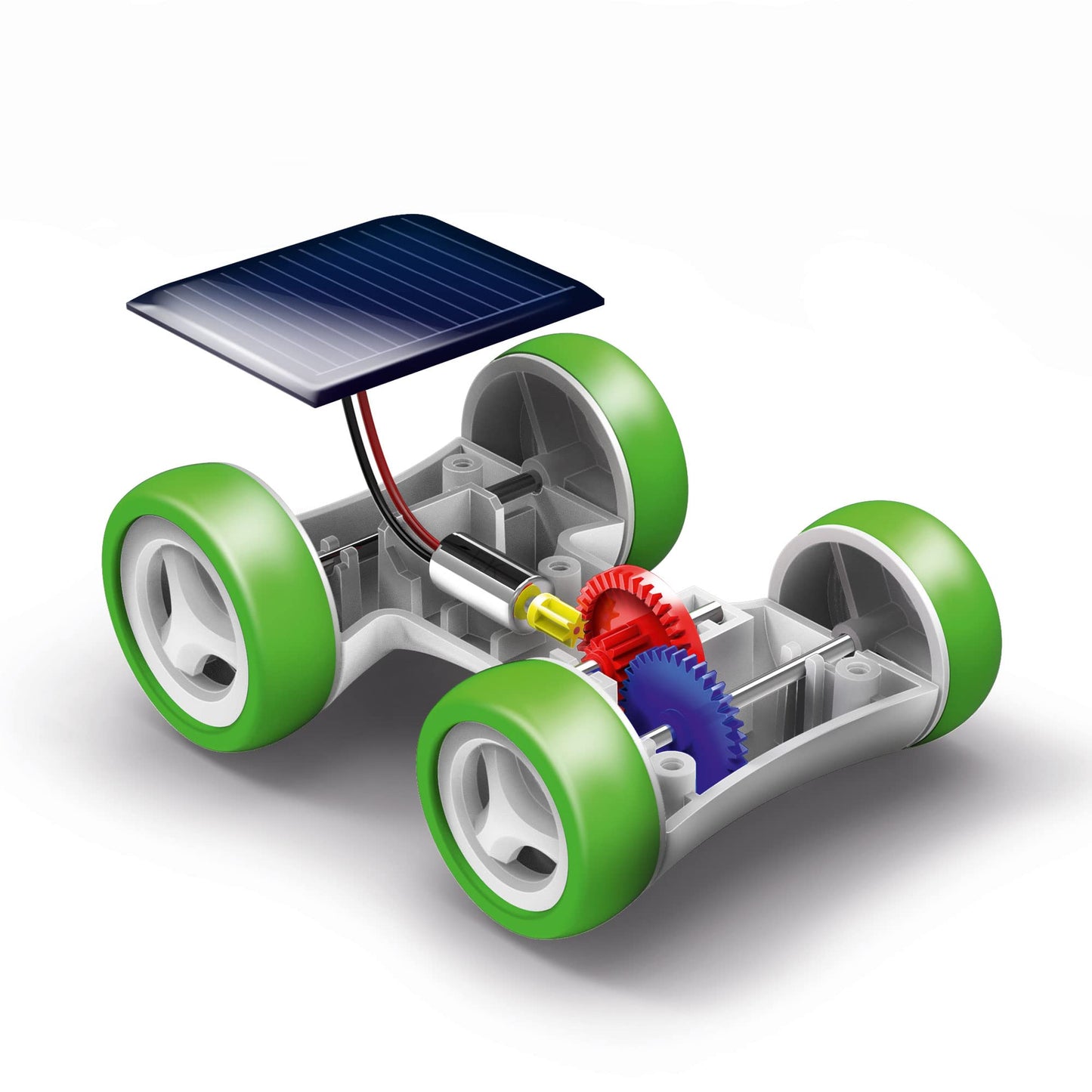 Close-up view of the internal gear transmission system and chassis assembly of the solar race car toy.