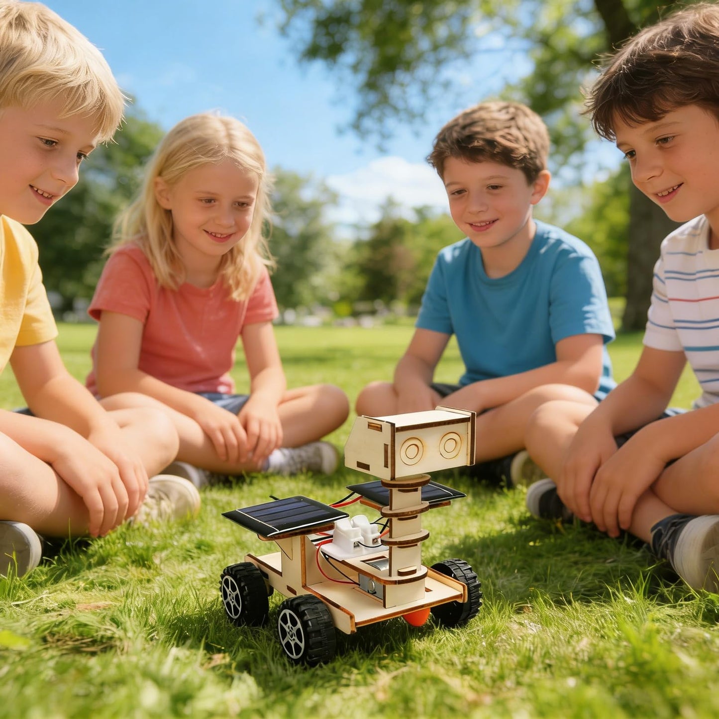 Young student assembling the custom DIY solar space car model using the step by step layout map.