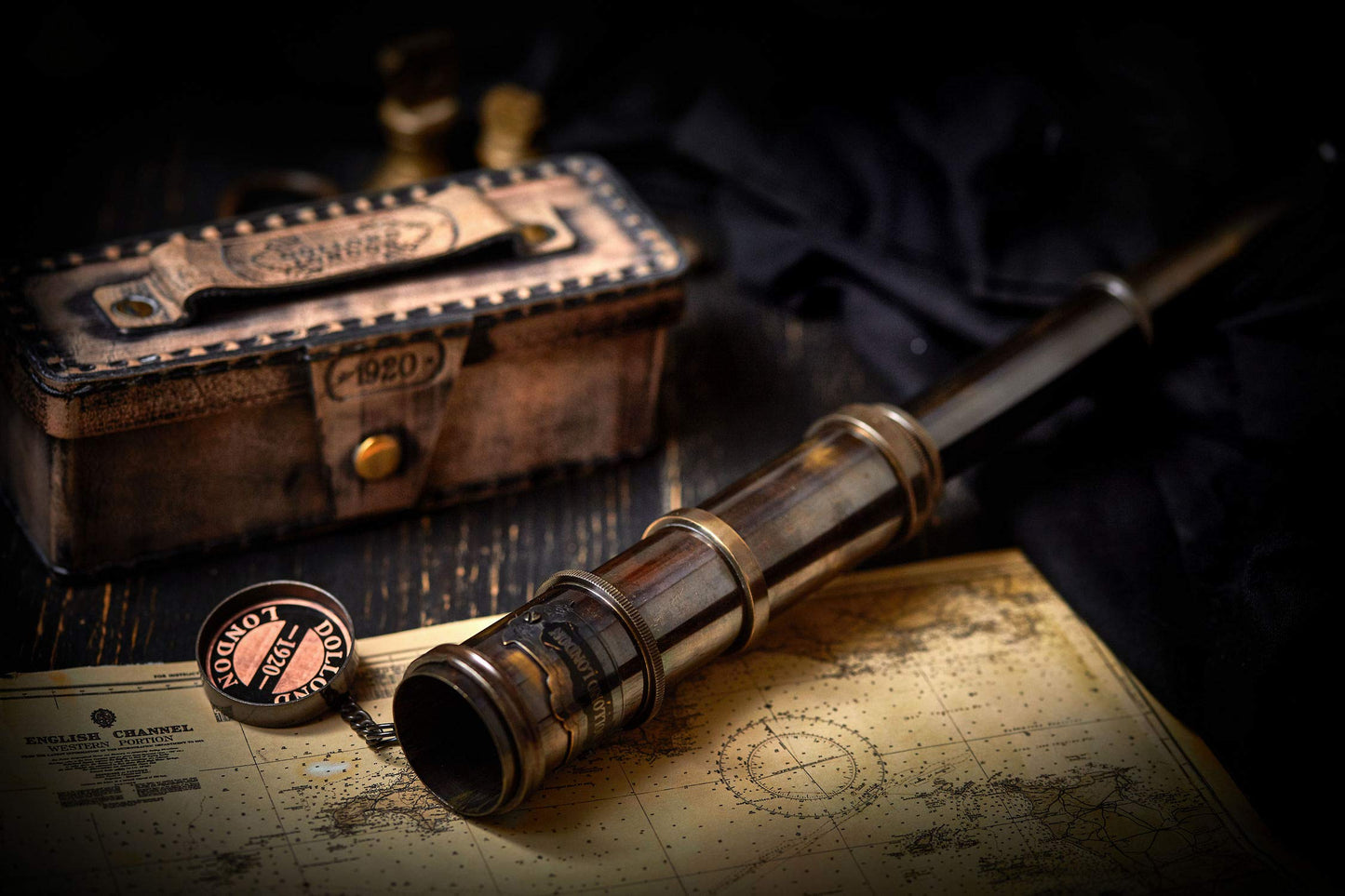 Super7One V.Empire Handcrafted Brass Nautical Telescope angled perspective highlighting the solid brass craftsmanship and historical engraving.