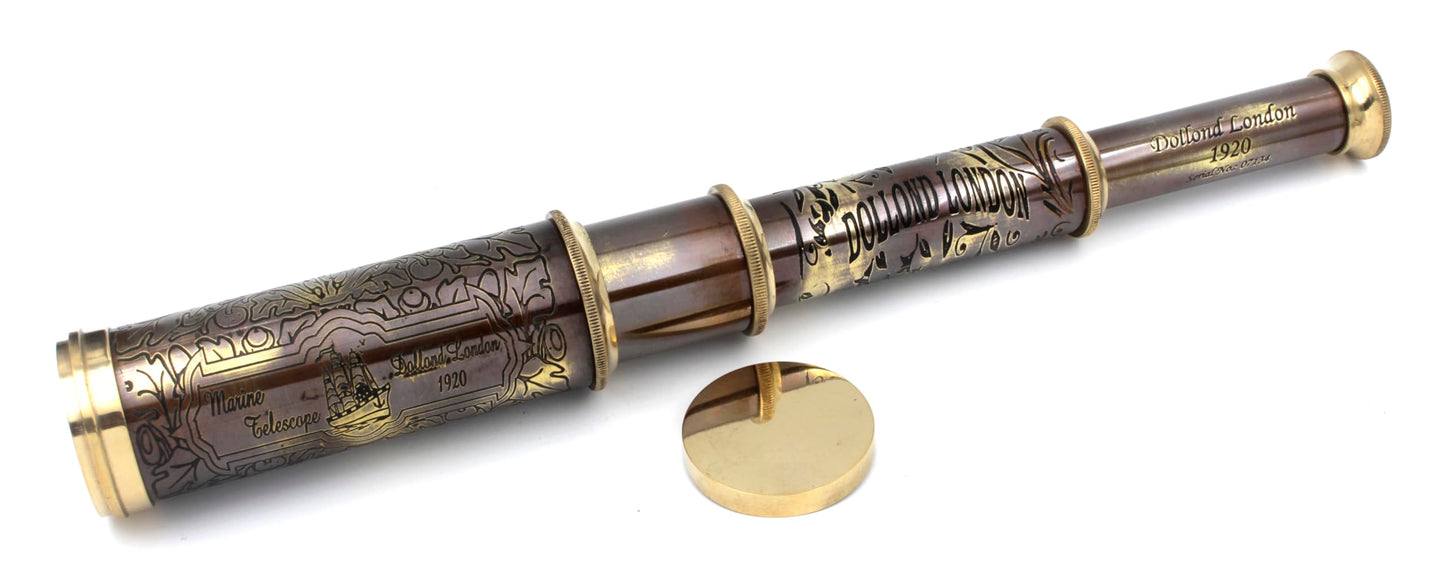 Close up view of the historical Dollond London engravings on the brass barrel