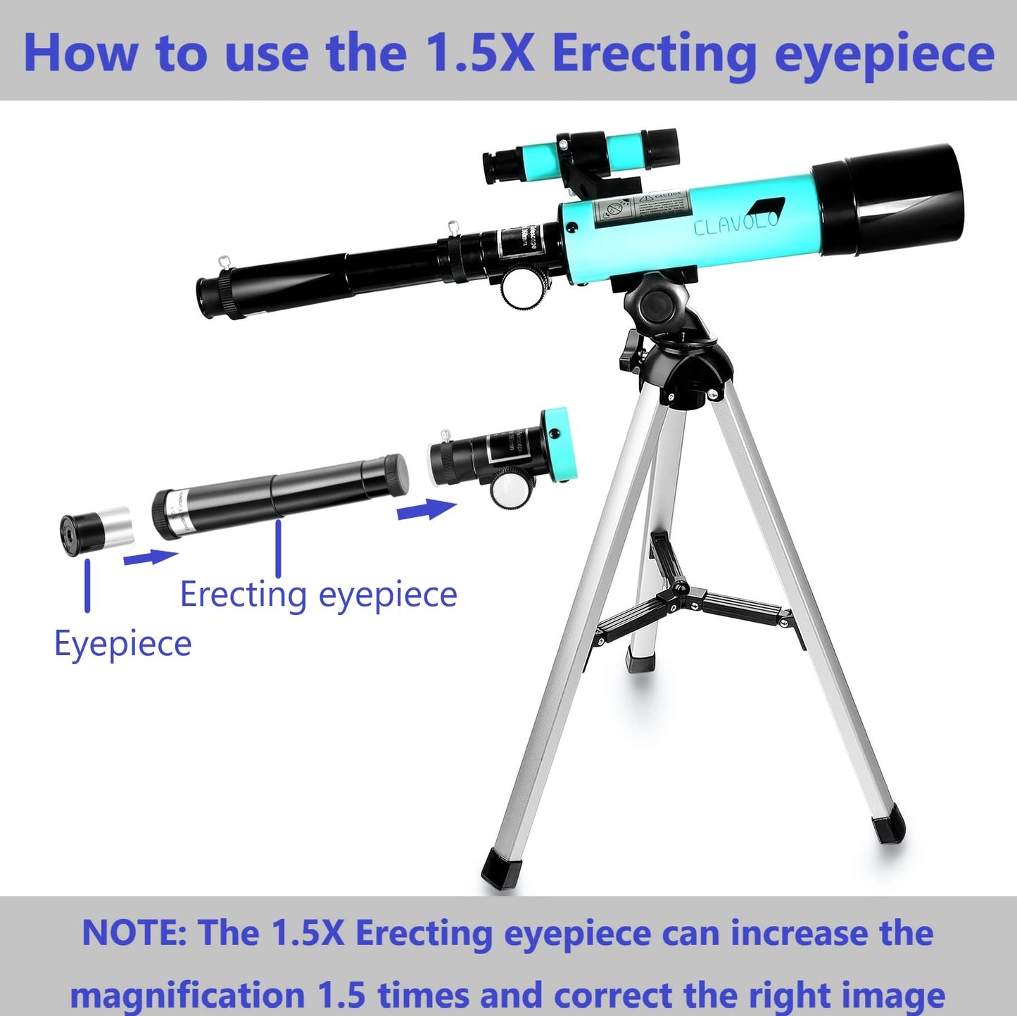 The complete CLAVOLO C-F36050 telescope package including the star chart map and 1.5X erecting eyepiece