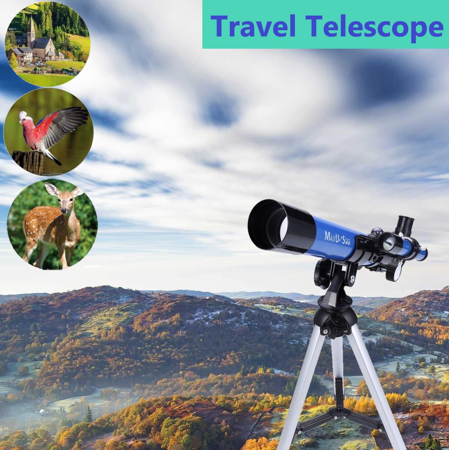 Side view of the lightweight beginner telescope mounted on its silver tabletop tripod