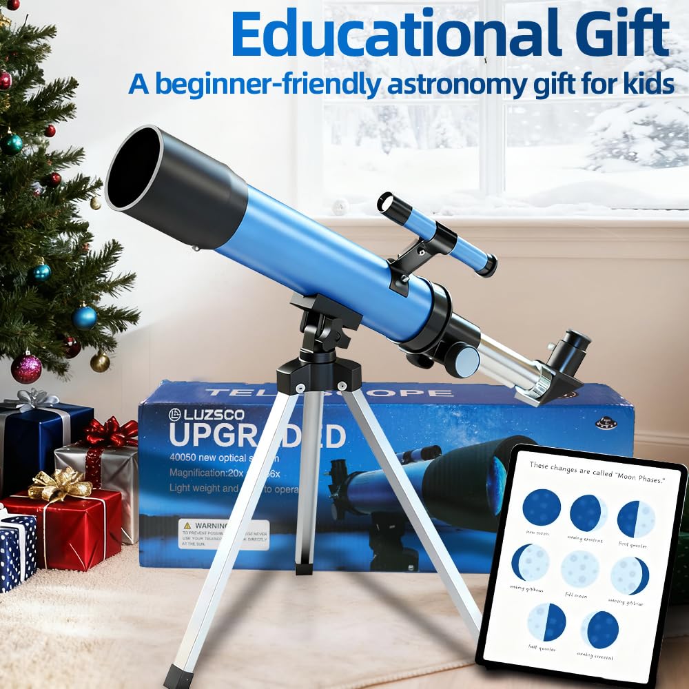 Luzsco authentic imported educational telescope packaging showing the complete astronomical kit for boys and girls