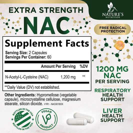 Nature's Nutrition N-Acetyl L-Cysteine 120 capsules label showing supplement facts