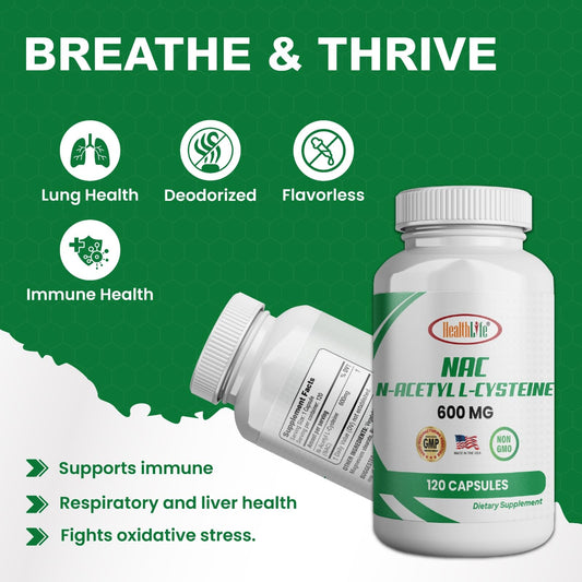 HealthLife NAC 120 capsules dietary supplement side label displaying ingredient facts