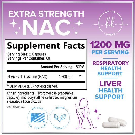 Hello Lovely N-Acetyl-L-Cysteine 1200 milligram dietary supplement label details