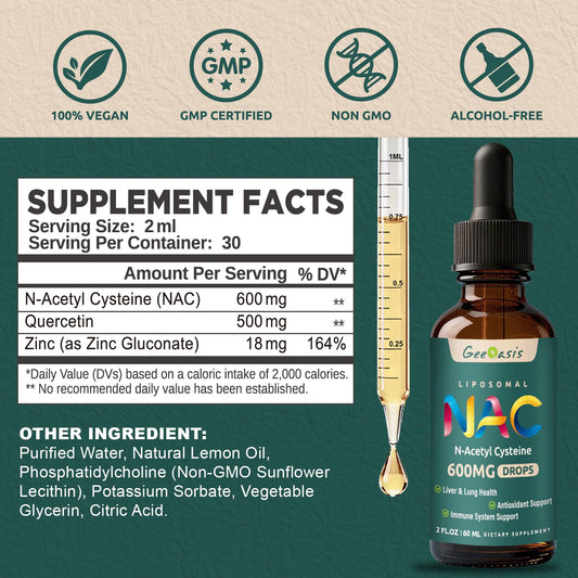 Geeoasis N-Acetyl Cysteine 600 mg drops packaging highlighting liver and lung support benefits.