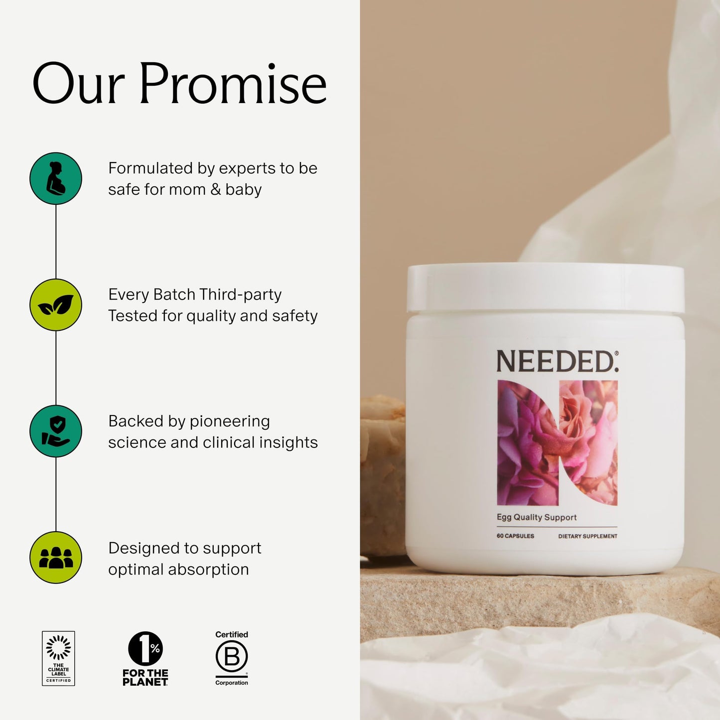 Needed prenatal and conception support capsule details showcasing standard daily serving size clarity.