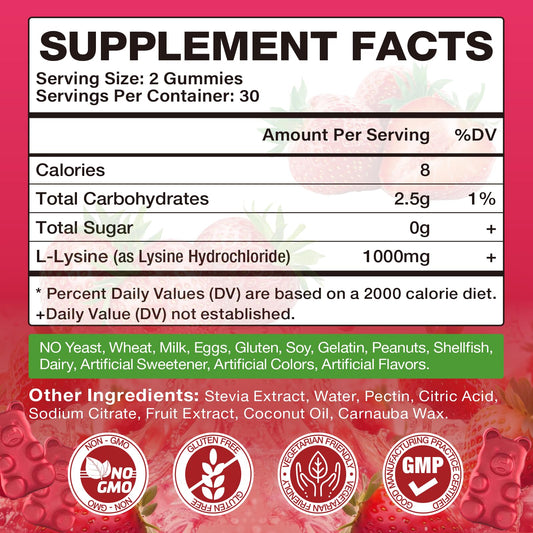 Close up of Meenccd L-Lysine supplement bottle label